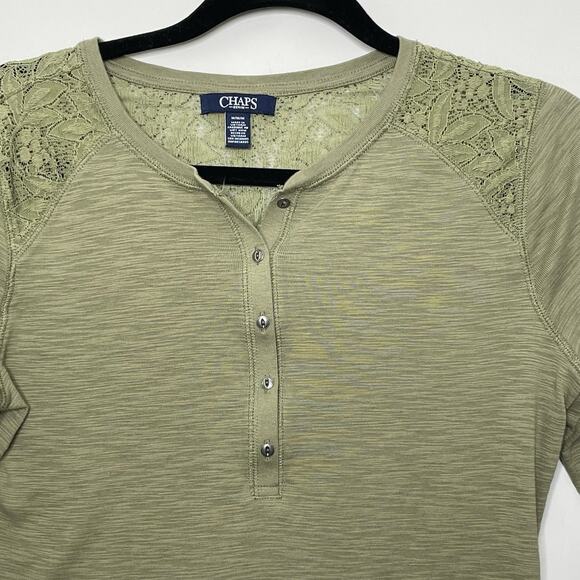 Chaps Henley Long Sleeve Top 1/2 Button Up Lace Shoulder Detail Heather Green M - Picture 2 of 10
